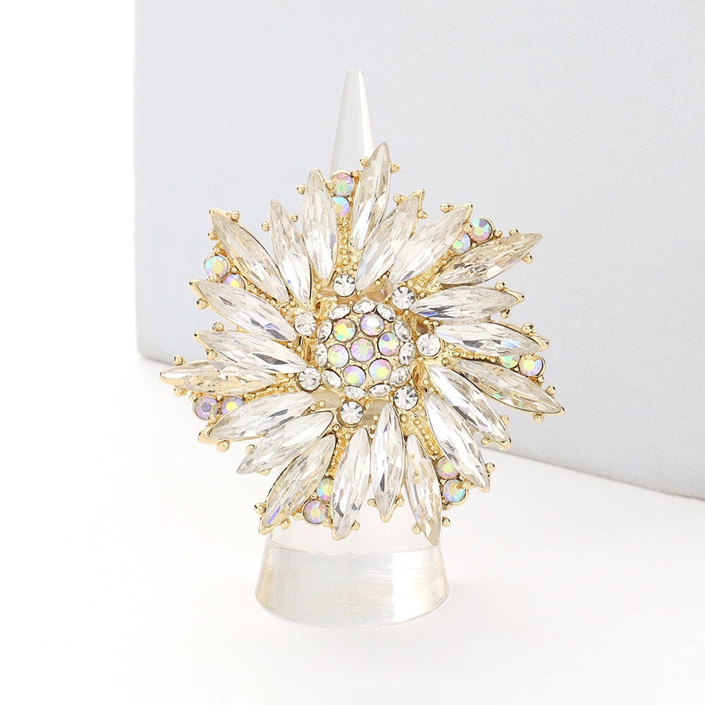 Gold Oval Glass Stone Flower Stretch Ring
